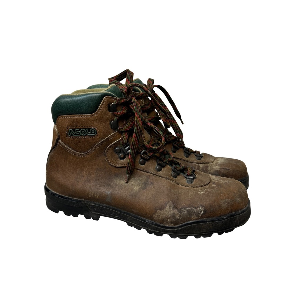 Vintage Asolo Leather Hiking Boots Men 9.5 Brown Green Vibram Sole Mid Top